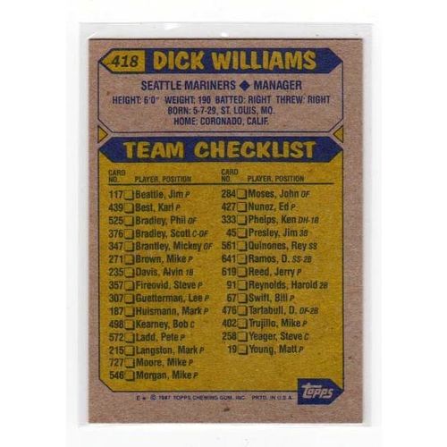 1987 Topps Dick Williams baseball card #418 -NM- Mariners
