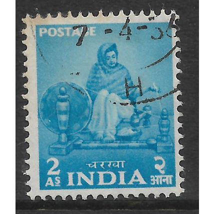 INDIA 1955 FIVE YEAR PLAN 2a LIGHT BLUE WOMAN SPINNING SG358 FINE USED #