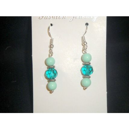 Pair of round mint blue green with faceted dark green drop earrings