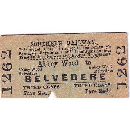 ABBEY WOOD - BELVEDERE 1950 Southern Railway Ticket SR 1262 Edmundson
