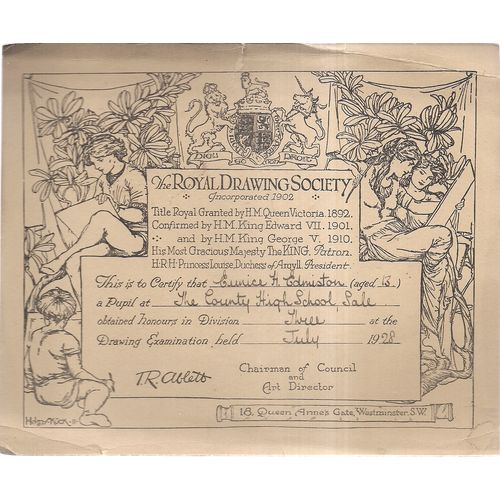 THE ROYAL DRAWING SOCIETY certificate issued at The County High School, Sale, =