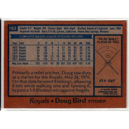 1978 Topps baseball card 183 Doug Bird - Royals