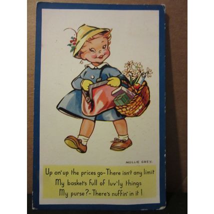 little girl shopping. by Mollie Grey vintage used postcard by Dennis 1961 pm #