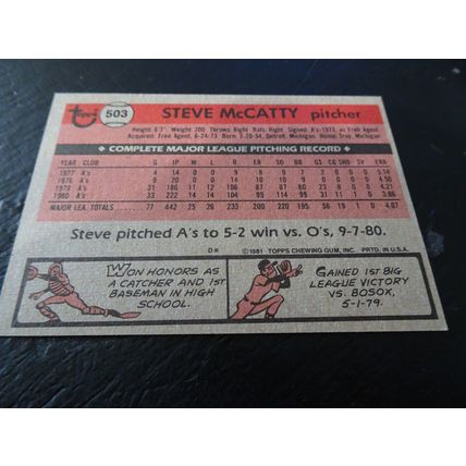 1981 Topps Card # 503 Steve McCatty Very Good-Excellent (4) Oakland Athletics