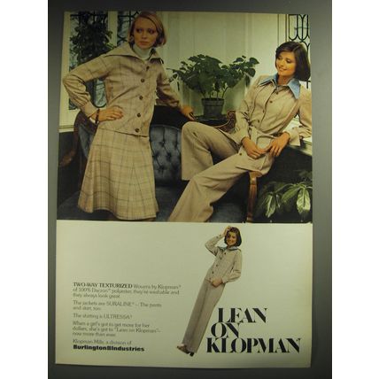 1974 Burlington Industries Klopman Jackets, Pants and Skirt Ad - Lean on Klopman