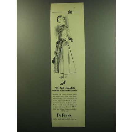 1949 De Pinna Dress Ad - 49 Fall couplet: tweed-and-velveteen