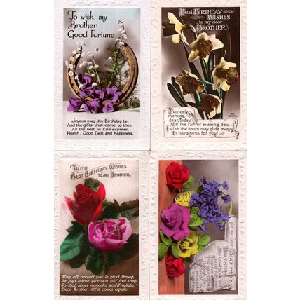 Happy Birthday Brother 4x Antique Raised 3D Flowers RPC Postcard s
