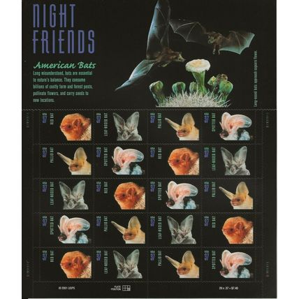 Night Friends American Bats Sheet Sheet of Twenty 37 Cent Postage Stamps 3661-64