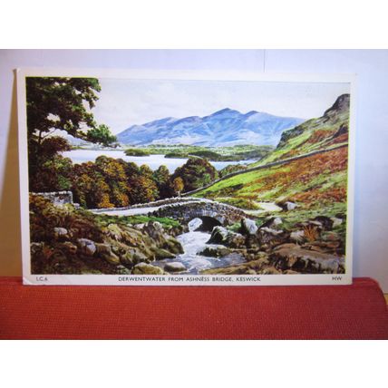DERWENTWATER FROM ASHNESS BRIDGE, CUMBRIA used postcard by H. Webster 1964 pm =