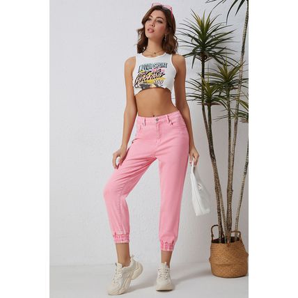 Pink Acid Wash Elastic Cuffed High Waist Jeans