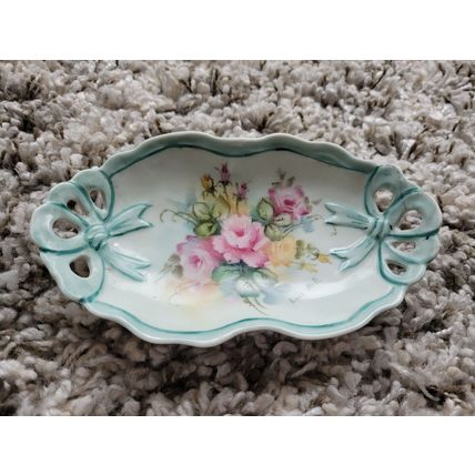 Small Vintage Flowered Oval Unique Decorative Plate Hand Painted Autographed