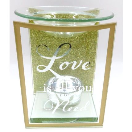Love is all You Need Oil Burner Gold Glitter 12 CM Glass Rectangle Gift Home