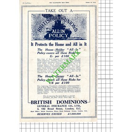 British Dominions Insurance Company London Advert - 1916 Cutting / Print