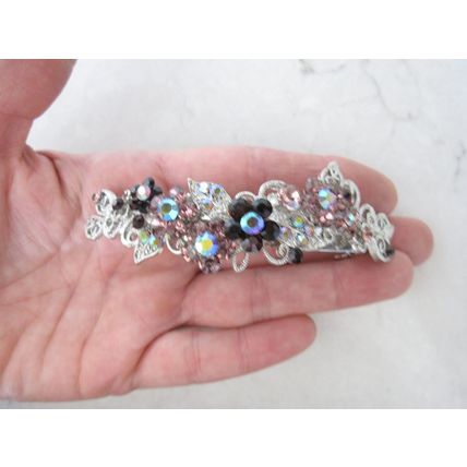 Large silver leaves flowers pink purple amber brown crystal hair barrette