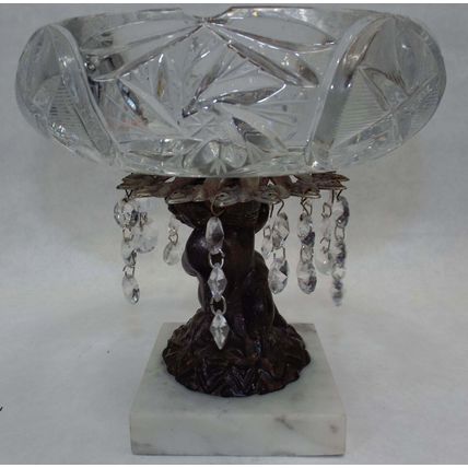 Vintage White Glass Ashtray Brass Base Cherub 40’s 50’s Hanging Crystals Marble