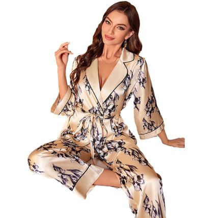 women's robe pajama set with tie-front and pants, luxurious home wear