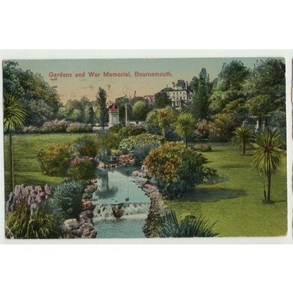POSTCARD Gardens & War Memorial Bournemouth 1927 BOURNEMOUTH M/C Pmk Wavy Lines