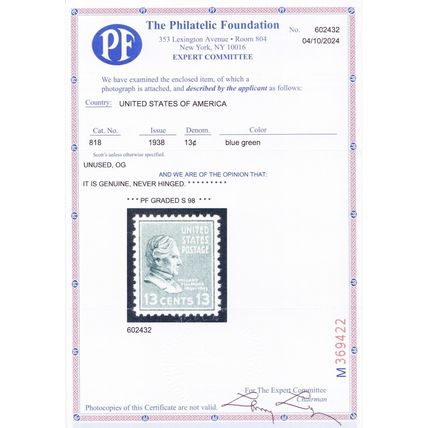 818, Mint Superb NH 13¢ - Graded 98 PFC Certificate - Stuart Katz