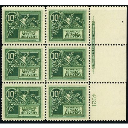 E7, Mint NH (LH in selvage) VF 10¢ - Rare Plate Block OF Six Stamps Stuart Katz