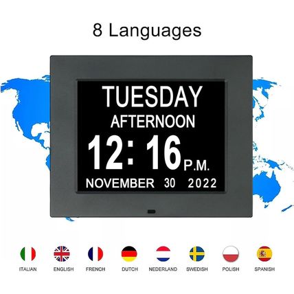 KASTISS 8 Inch Black Digital Calendar Day Clock-Extra Large Impaired Vision Digi
