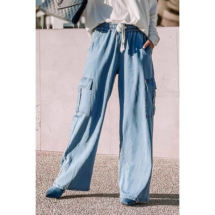 Sky Blue Drawstring High Waist Cargo Pocket Wide Leg Jeans