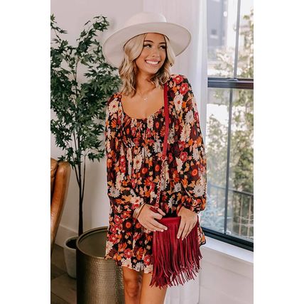 Multicolour Smocked High Waist Long Sleeve Floral Dress