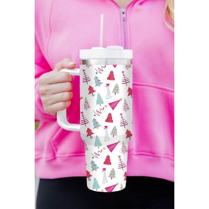White Cartoon Christmas Tree Printed Thermos Cup