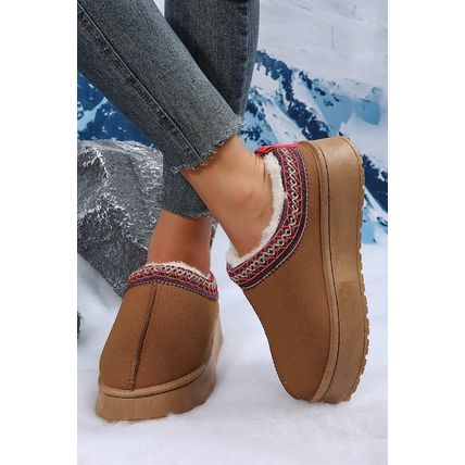 Chestnut Suede Contrast Print Round Toe Plush Lined Flats