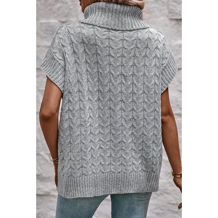 Medium Grey Cable Knit Turtleneck Batwing Sleeve Sweater