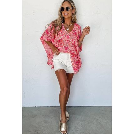 Pink Boho Floral V Neck Kimono Style Blouse