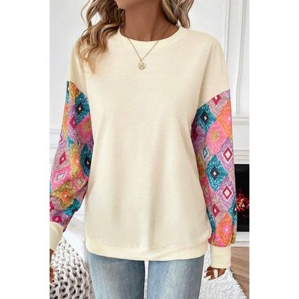 Apricot Geometric Printed Patchwork Long Sleeve Round Neck Top