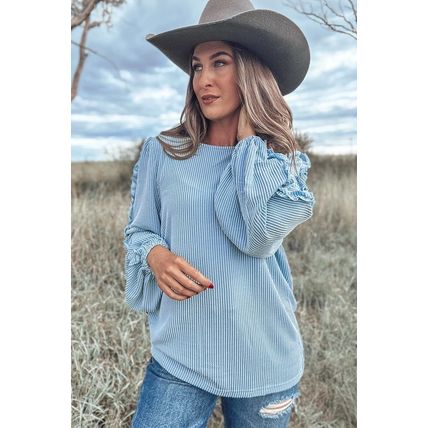 Mist Blue Corded Frilly Puff Sleeve Round Neck Blouse