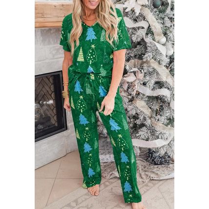 Green Christmas Tree Print V Neck Tee and Pants Lounge Set
