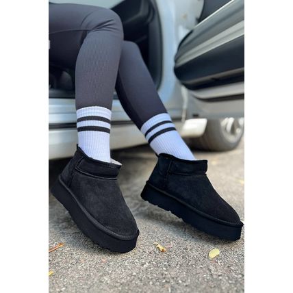 Black Faux Fur Lined Suede Ankle Snow Boots