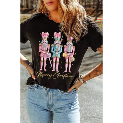 Black Nutcracker Merry Christmas Printed Crewneck T Shirt