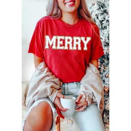 Red Christmas MERRY Graphic Cuffed Sleeve T Shirt
