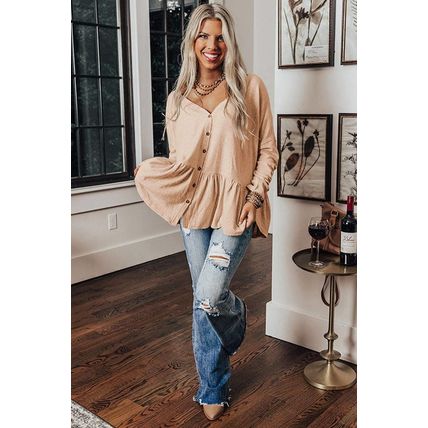 Jet Stream Solid Ruffled Buttoned V Neck Shirt