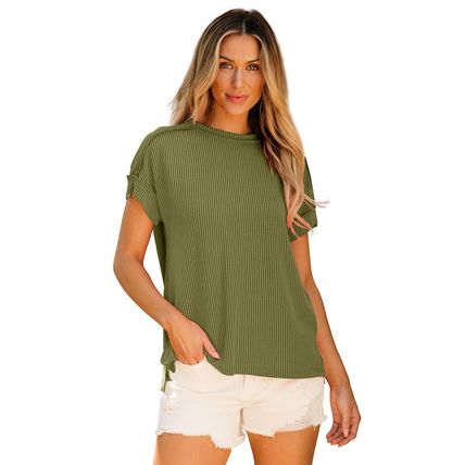 Jungle Green Textured Knit Exposed Stitching T-shirt