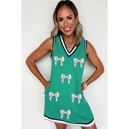 Mint Green Contrast Striped Detail Glitter Baseball Patched V Neck Tank Dress