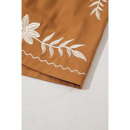 Khaki Embroidered Boho Tasseled Drawstring Elastic Waist Casual shorts