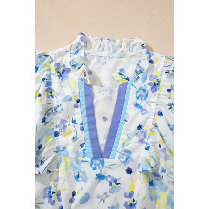 Sky Blue Floral Print Frilled Notched V Neck Blouse
