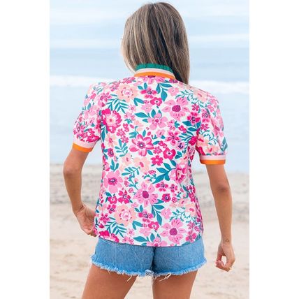 Pink Floral Print Contrast Striped Detail Short Sleeve Blouse