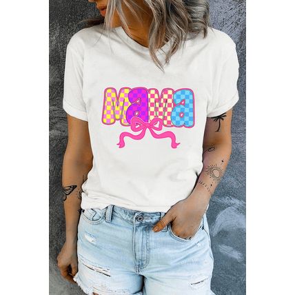 White MAMA Checkered Bow Knot Print Crewneck T Shirt