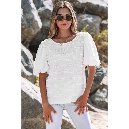 White Frilled Lace Trim Bubble Sleeve Blouse
