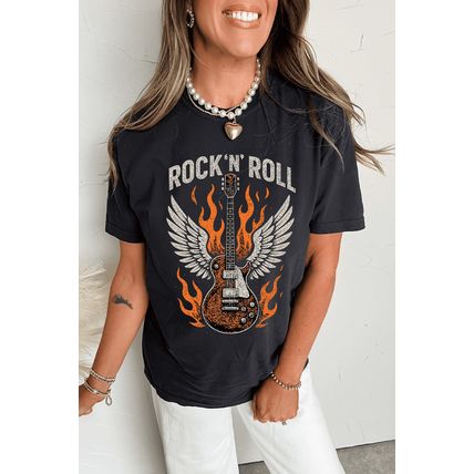 Black Guitar Wings Slogan Print Crew Neck T Shirt