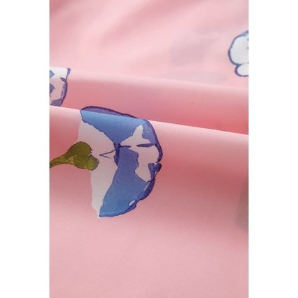 Pink Floral Print Striped Notched V Neck Bubble Sleeve Blouse