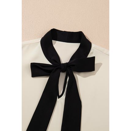 White Bow Knot Neckline Contrast Stripe Short Sleeve Blouse