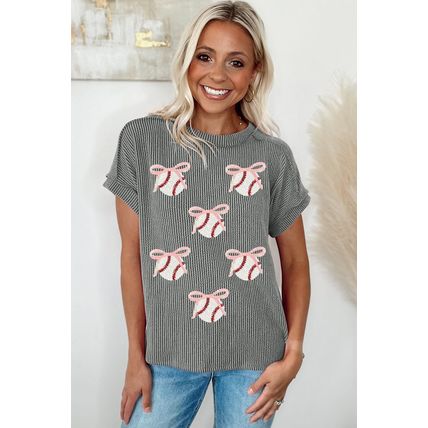 Medium Grey Twist Ribbed Sequined Bow Rugby Game Day Pattern Knit T Shirt
