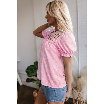Pink Floral Embroidered Puff Sleeve Notched V Neck Blouse