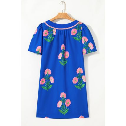 Blue Floral Short Sleeve Split Neck Loose Mini Dress